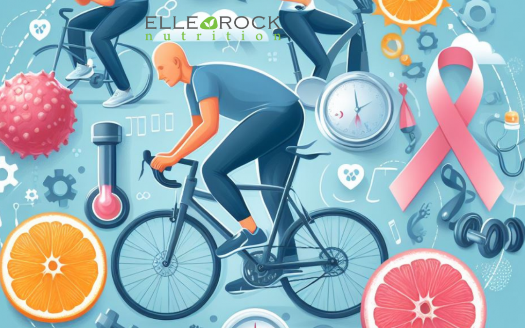 Collage of exercise and cancer related images, such as pink ribbon, citrus, fruits, cartoon man on a bicycle,