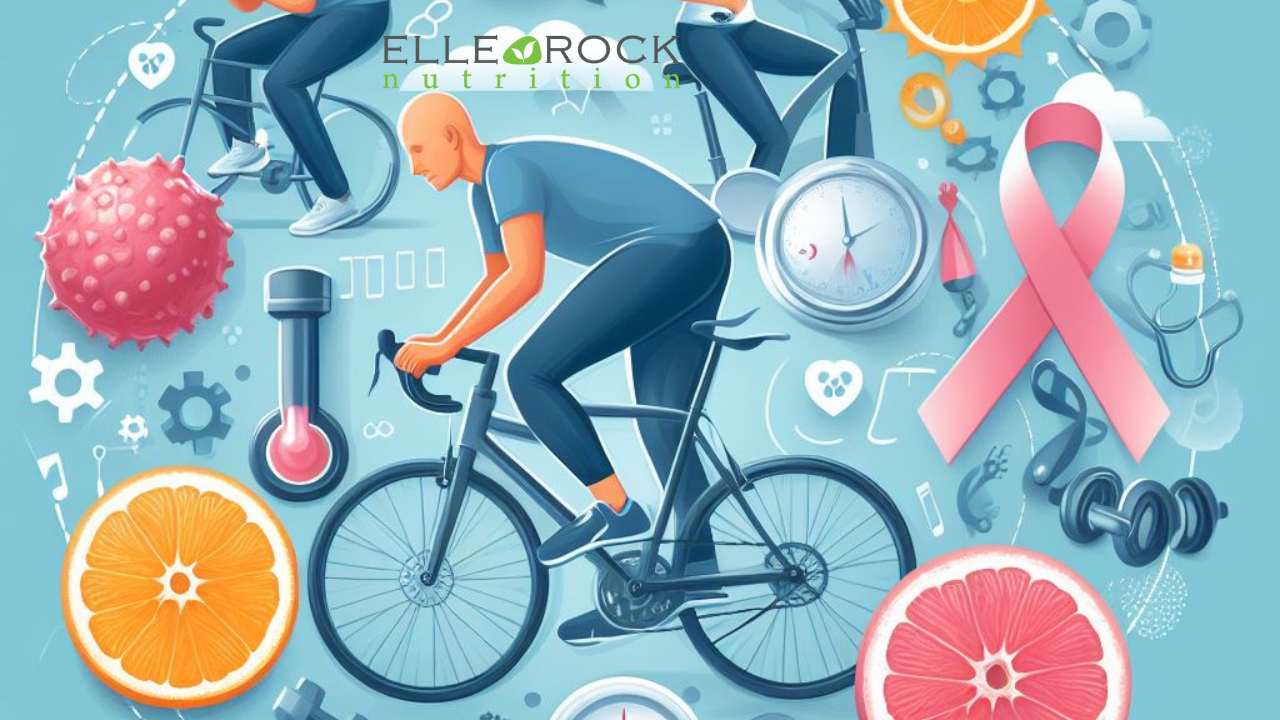 Collage of exercise and cancer related images, such as pink ribbon, citrus, fruits, cartoon man on a bicycle,