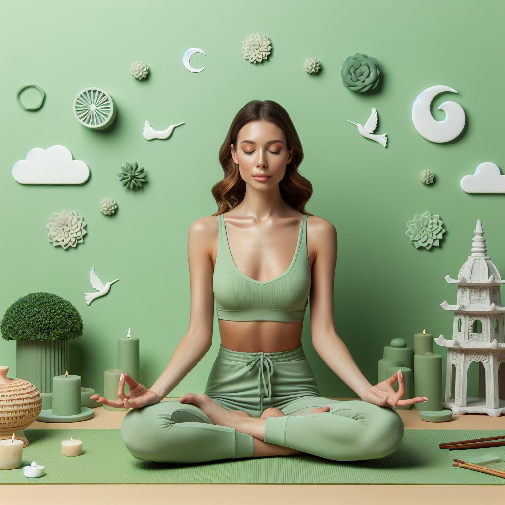 meditation and relaxation, made easy, light green colours. Woman in meditative pose