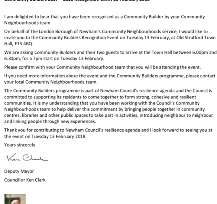 Rochelle's Newham Community Builder Letter
