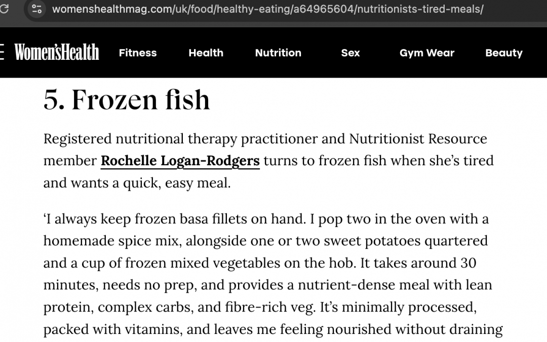 A screenshot of the Women’s Health UK website showing an article titled "5. Frozen fish." The text features Rochelle Logan-Rodgers, a Registered Nutritional Therapy Practitioner, explaining how she uses frozen basa fillets, sweet potatoes, and frozen vegetables to create a nutrient-dense, thirty-minute meal with zero preparation.