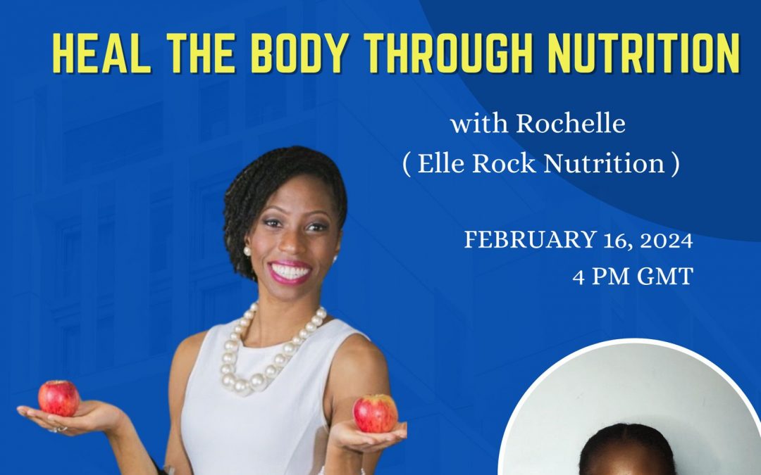 Nutritionist Rochelle holding red apples, blue solid background, Picture of Zharia at the bottom right smiling
